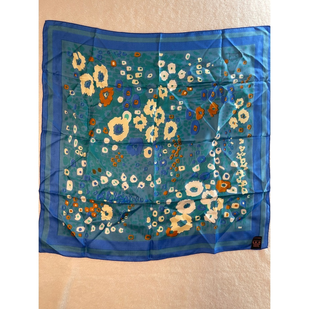 Laurent d'Herval Paris Vintage Blue Silk Floral Square Scarf Made in France 26in